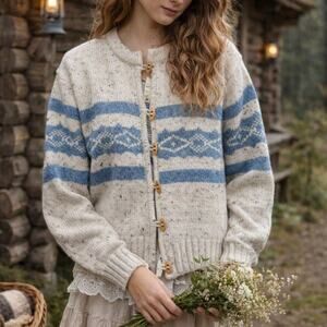 Vintage Y2K Wool Blend Cardigan Bue Cream Size L Deadstock NWT Cottagecore Cabin